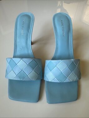 Marc Fisher Light Blue Woven Square-Toe Slide Heels